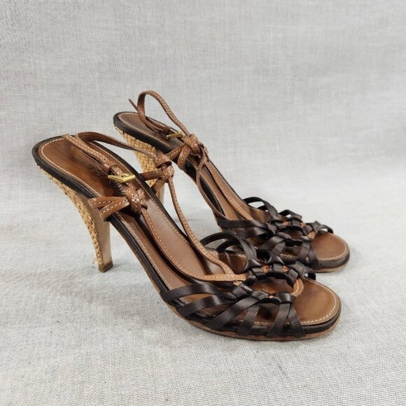 PRADA VINTAGE SATIN LEATHER SLING BACK WOVEN HEELS - Picture 1 of 14